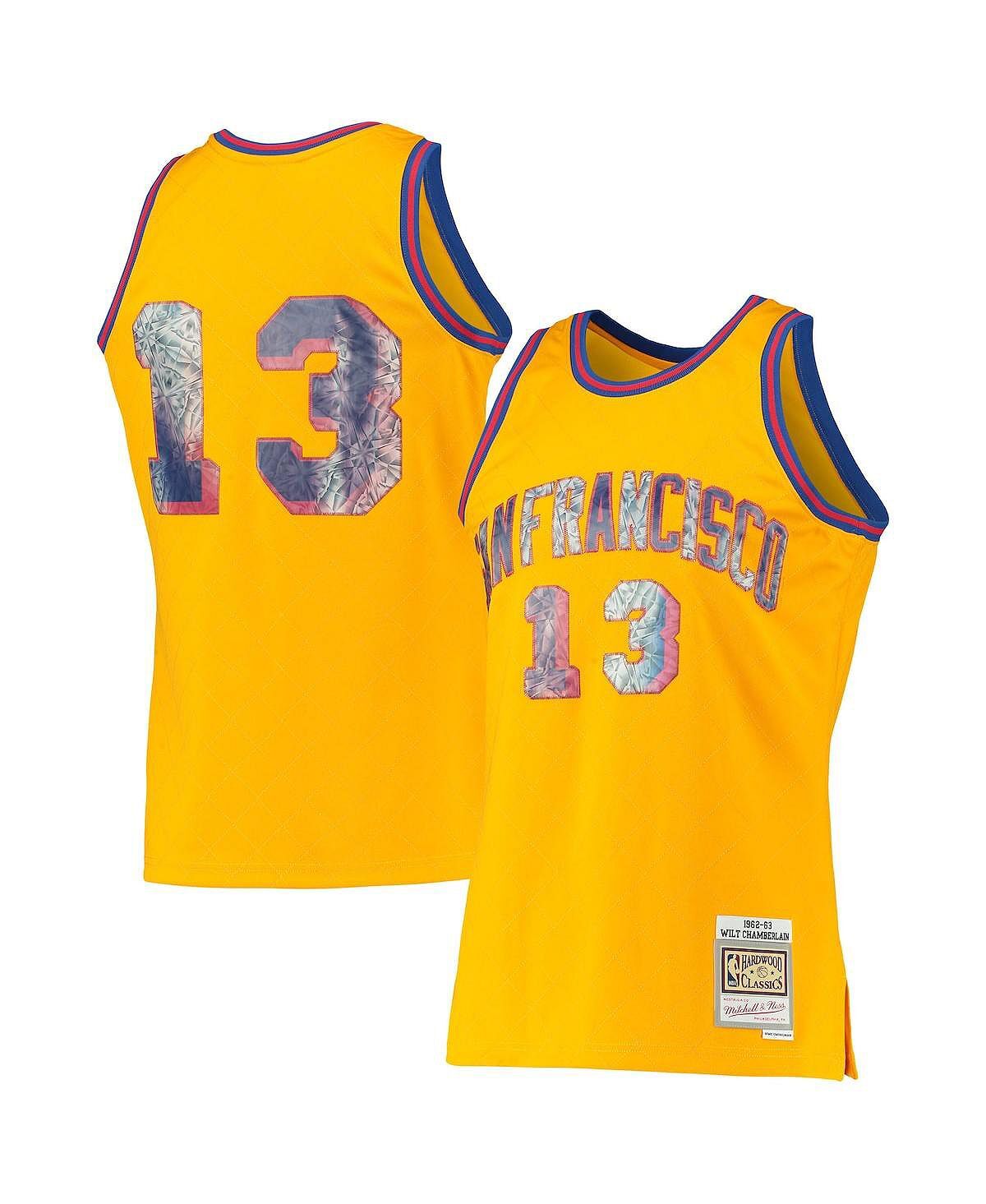 

Мужская футболка wilt chamberlain gold san francisco warriors 1962-63 hardwood classics 75th anniversary diamond swingman jersey Mitchell & Ness