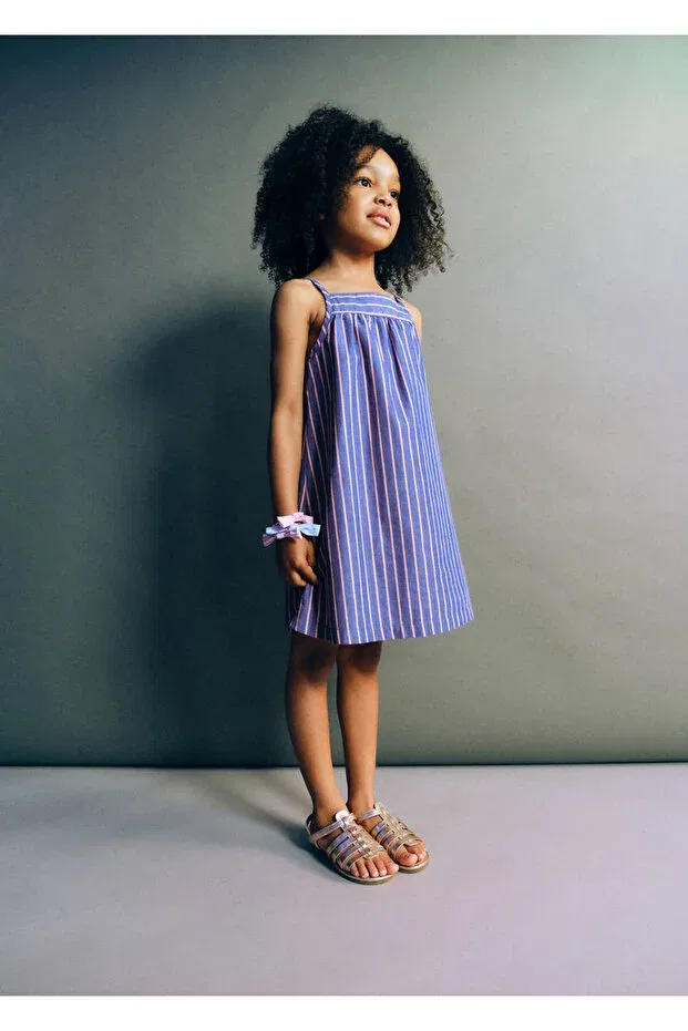 Детское платье для девочек с принтом Back Cut-Out Detailed Striped Dress Mango Baby, Blue — фото 2