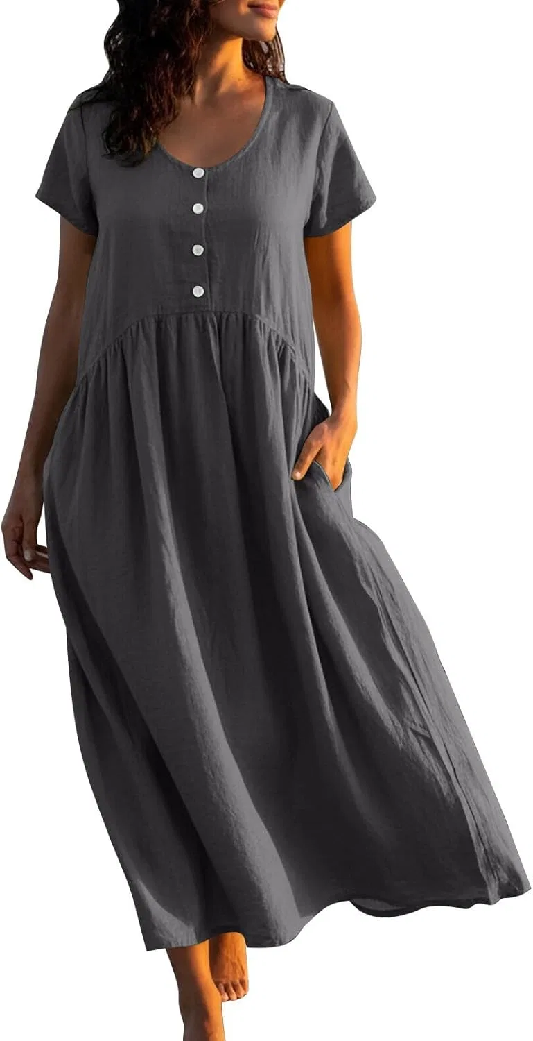 Женское летнее платье с коротким рукавом и плиссировкой Cotton Linen, Gray