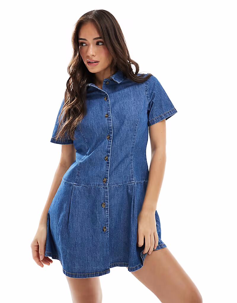 

Мини-платье из мягкого денима ASOS DESIGN с заниженной талией и складками в цвете средне-голубой
