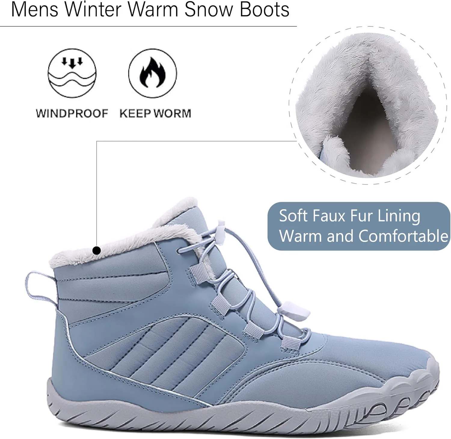Зимние теплые ботинки Asifn Mens Barefoot с меховой подкладкой для походов, минималистичные, водонепроницаемые, противоскользящие хлопковые обувь, светло-голубой — фото 2