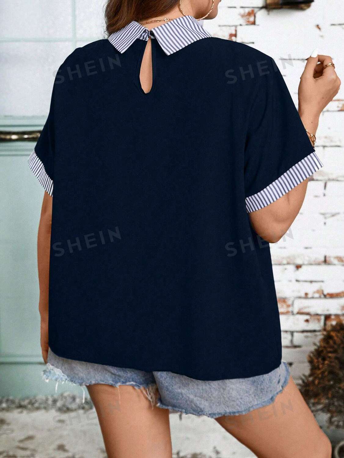 

LUNE Плюс Блузка с контрастным воротником Shein, синий