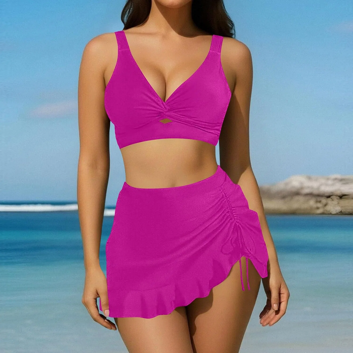 Женский танкини с завышенной талией и V-образным вырезом, Hot Pink — фото 2