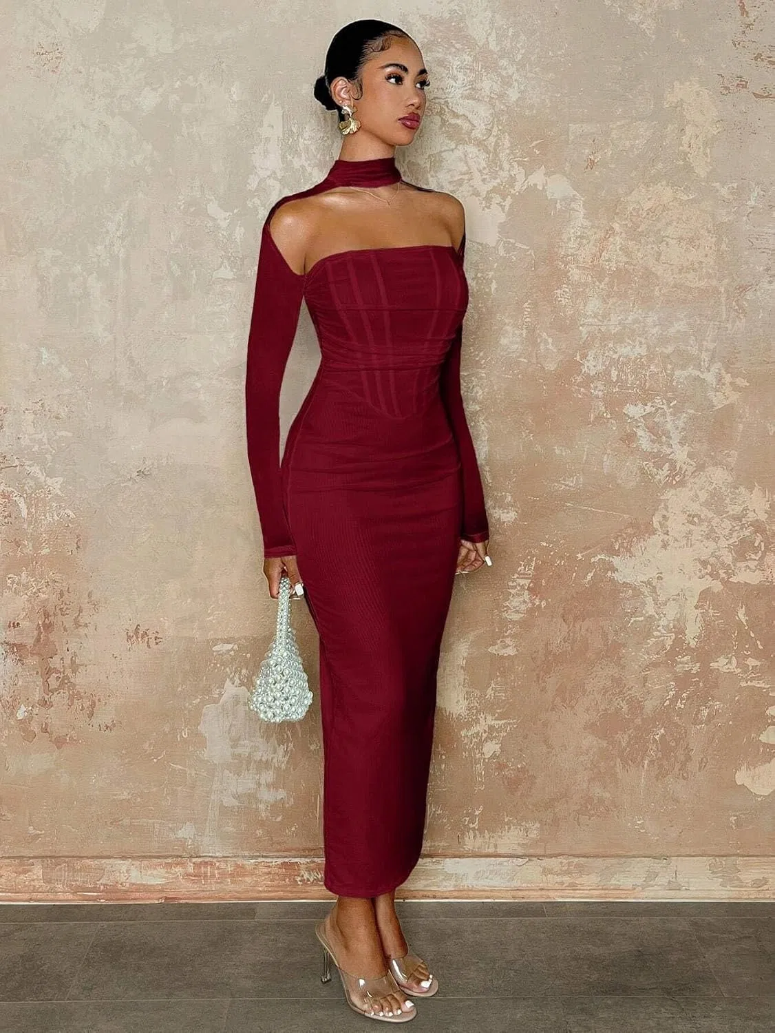 Женское платье миди с высоким воротником Bodycon, Burgundy — фото 4