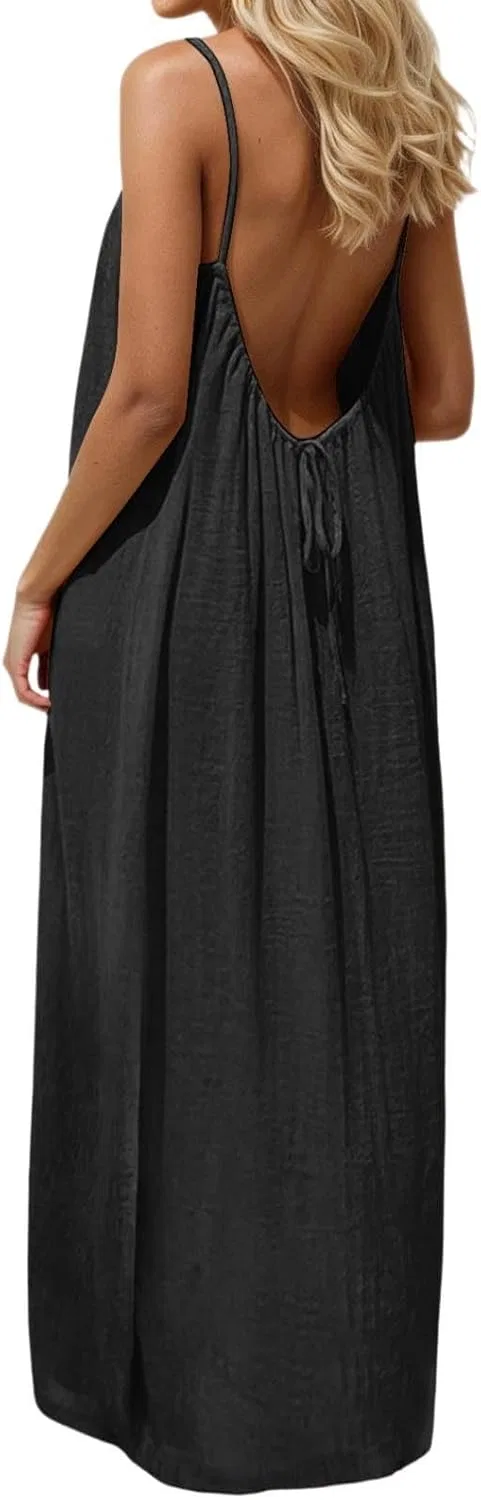 Женское пляжное платье с открытой спиной Casual Linen, Black
