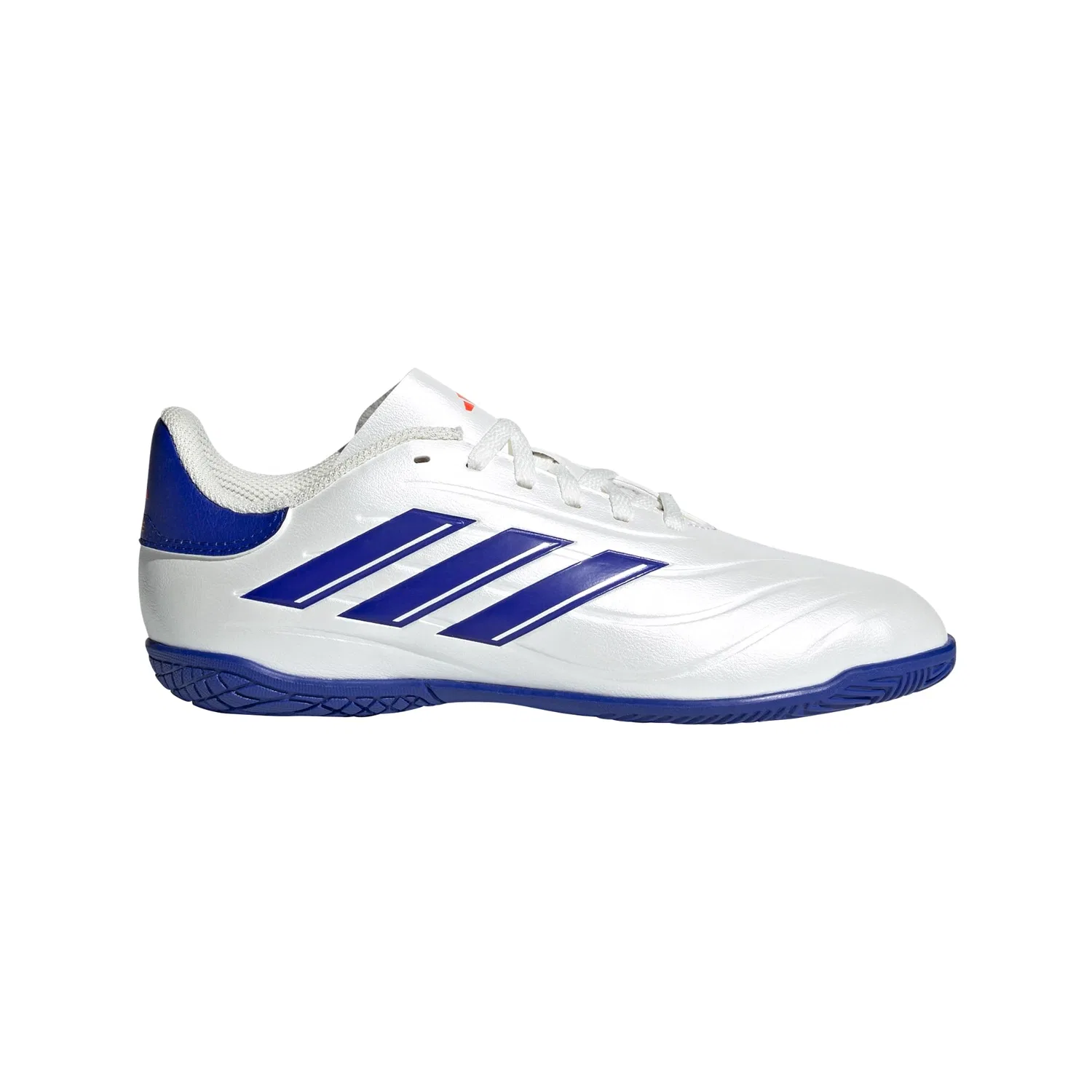 Детские футбольные бутсы для мальчиков с полосатым принтом Copa Pure II Club Indoor Adidas, Cloud White Lucid Blue Solar Red