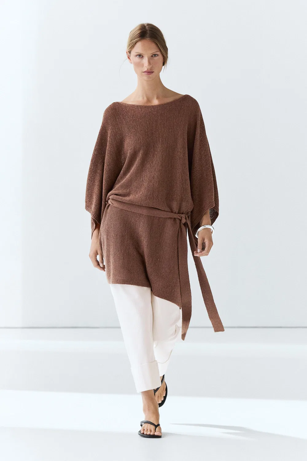 Свитер Massimo Dutti Cotton Blend Knit With Belt, коричневый