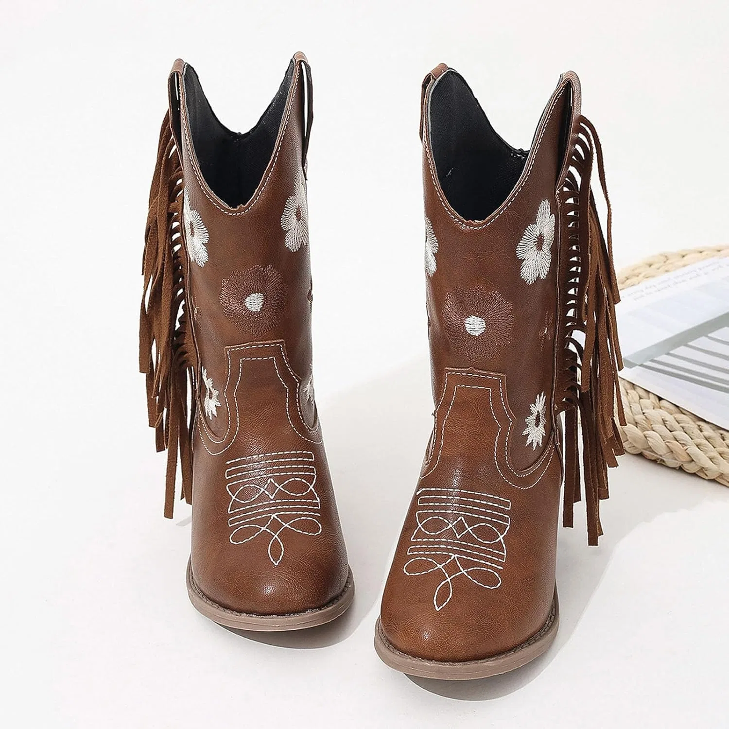 Детские сапоги для девочек с принтом и вышивкой Cowboy Western Boots, Brown — фото 2