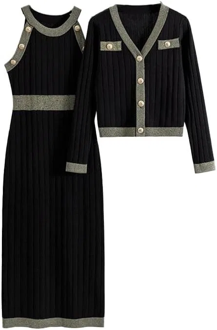 Женский костюм из двух предметов с вязаным жакетом и длинной юбкой, Black