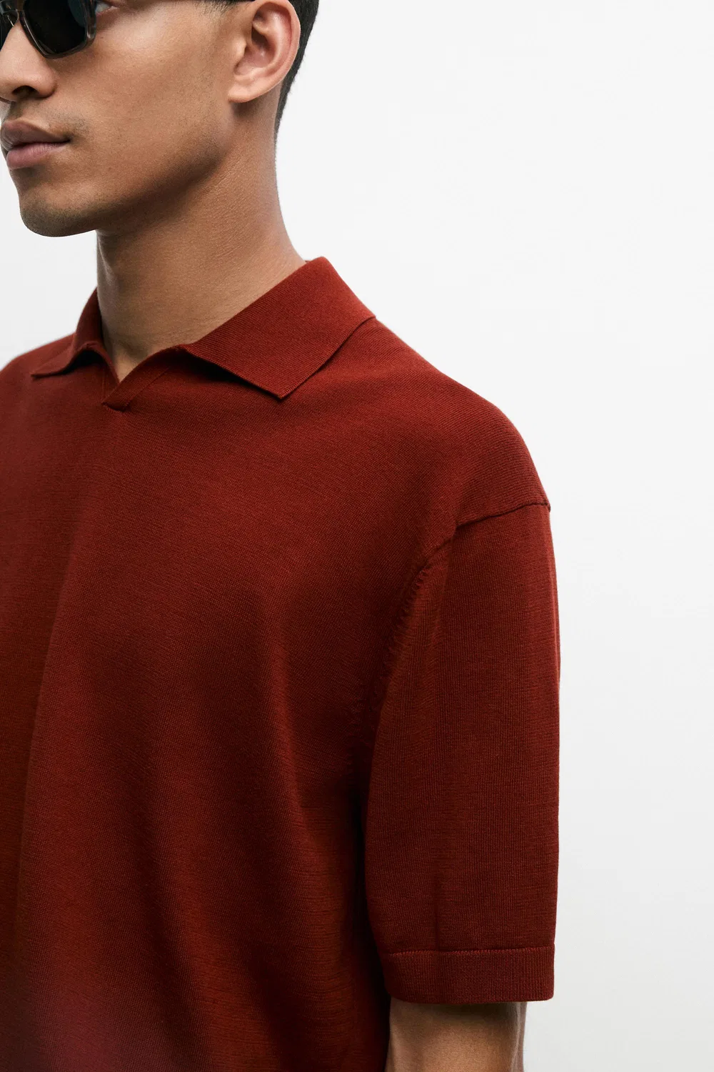 Рубашка поло Massimo Dutti, трикотажная, с V-образным вырезом, Copper — фото 4