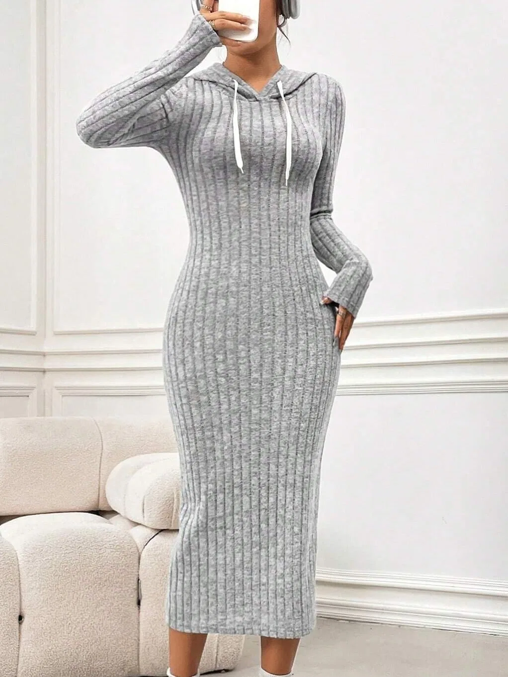Женское платье-худи с капюшоном Rib-Knit Maxi, Gray — фото 3