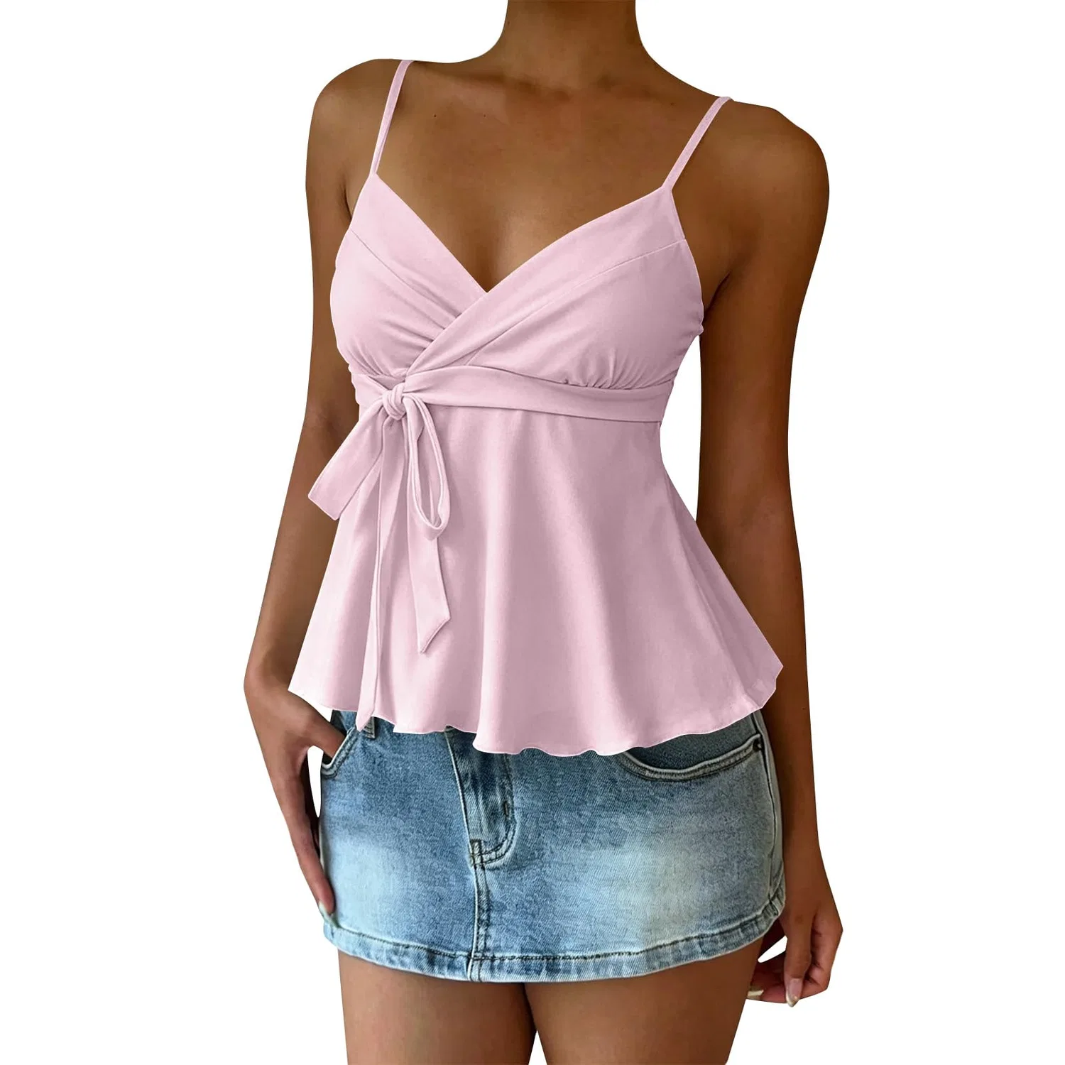 Женский топ на бретелях с принтом в горошек Y2K Women's Summer Babydoll Top 2000s Polka Dot Spaghetti Straps V Neck Cute Party Top Lace Front, Colour: Pink — фото 3