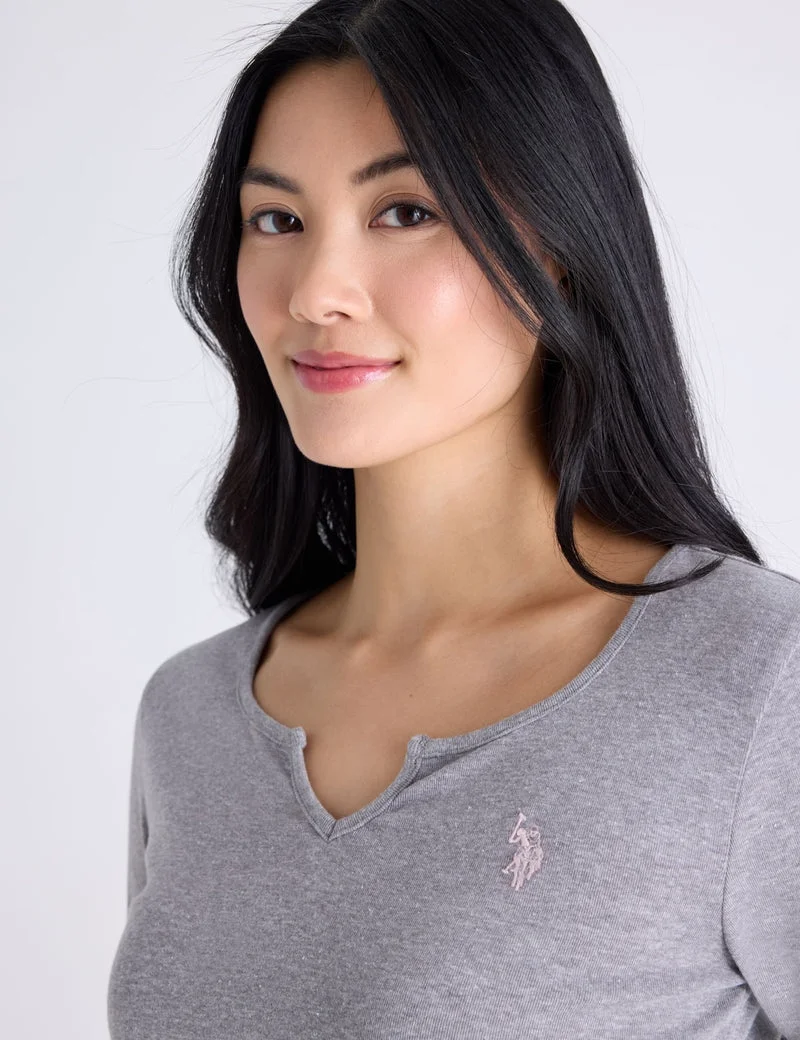 Лонгслив U.S. Polo Assn. Notch Neck T-Shirt, меланжевый серый — фото 4