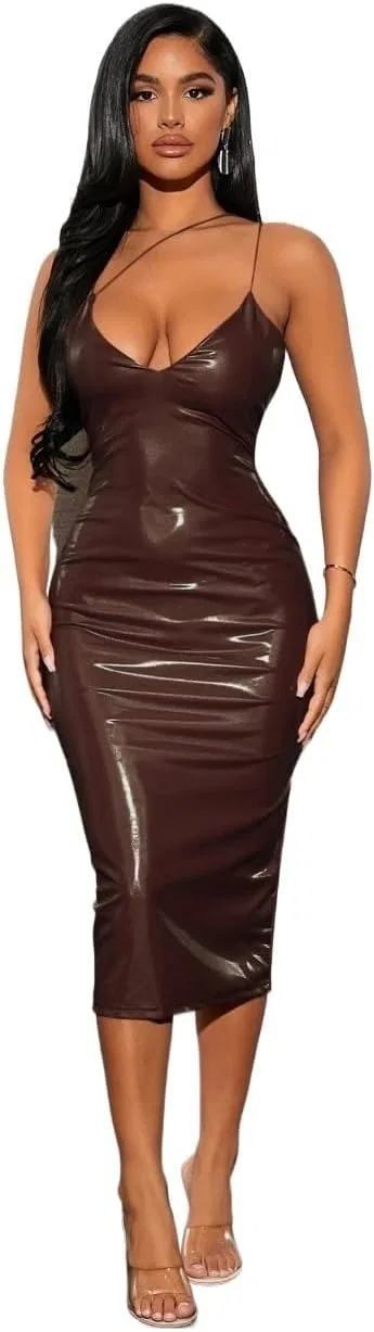 Женское каузальное миди-платье на бретелях PU Leather, Chocolate Brown