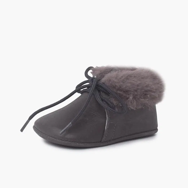 Детские ботинки на шнуровке с меховым воротником Pisamonas Lace-up Fur Collar Ankle Boots Pisamonas, Grey — фото 3