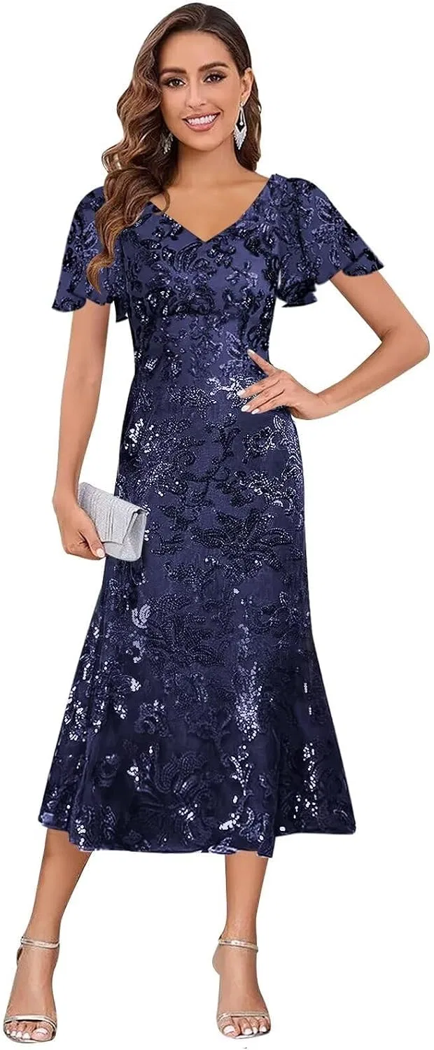 Женское вечернее платье с пайетками tea length LA140, Navy Blue