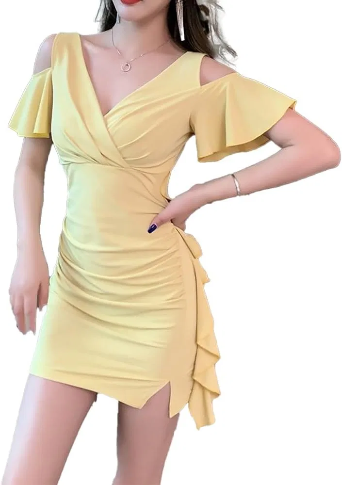 Женское коктейльное платье с воланами Satin YHW17, Yellow