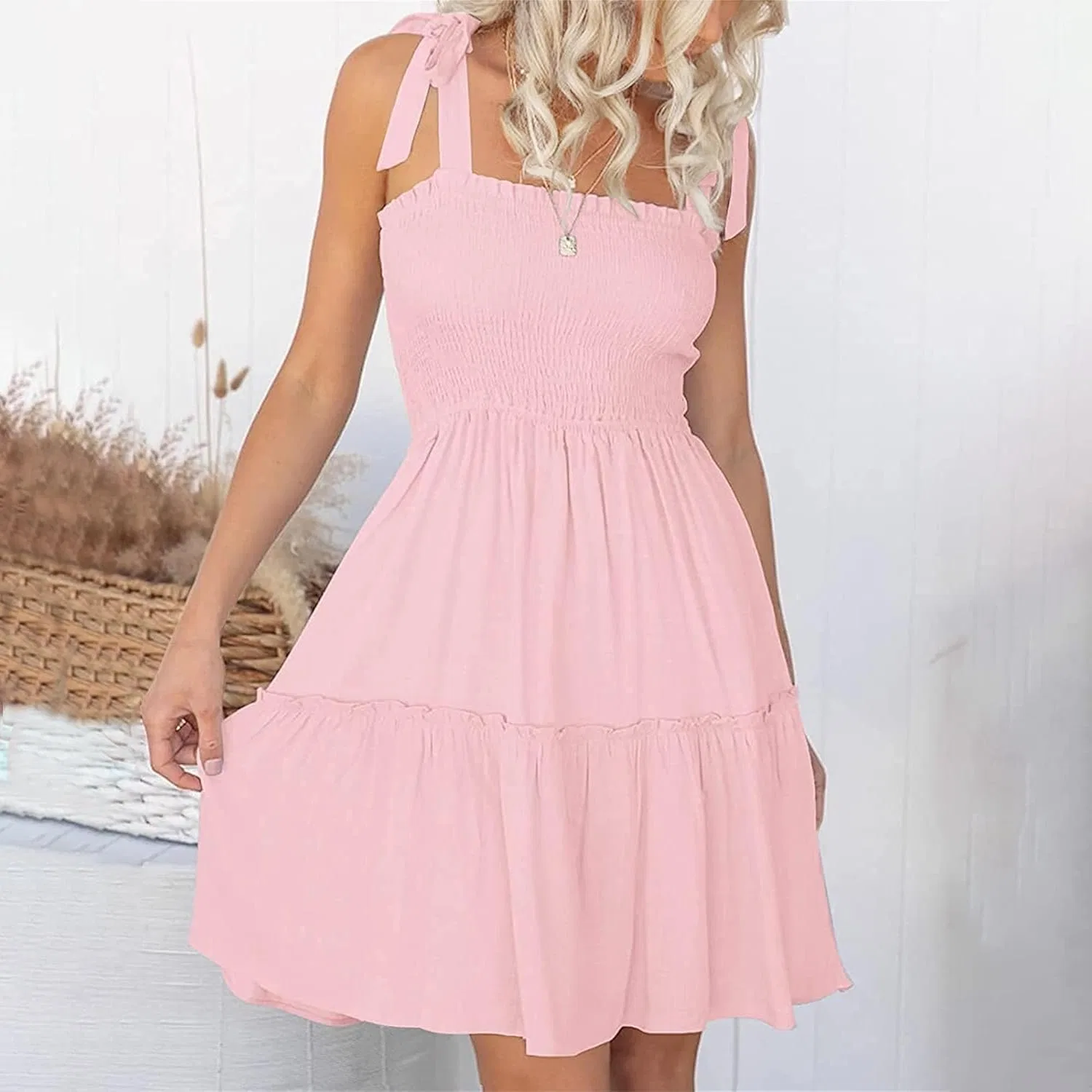 Женское мини-платье на бретелях с воланами A-line Swing Sundress, Pink — фото 2