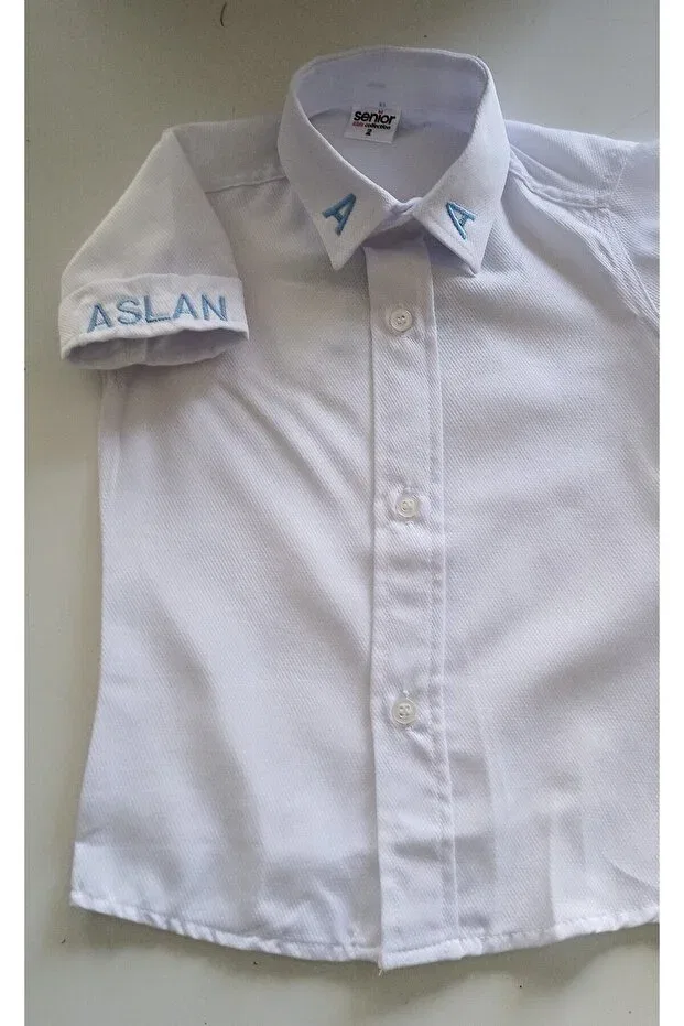 Детская рубашка для мальчиков с вышивкой Named shirt embroidery embroidered personalized white colored short sleeve boy's shirt 0-5 years old Moms And Babies, White — фото 3