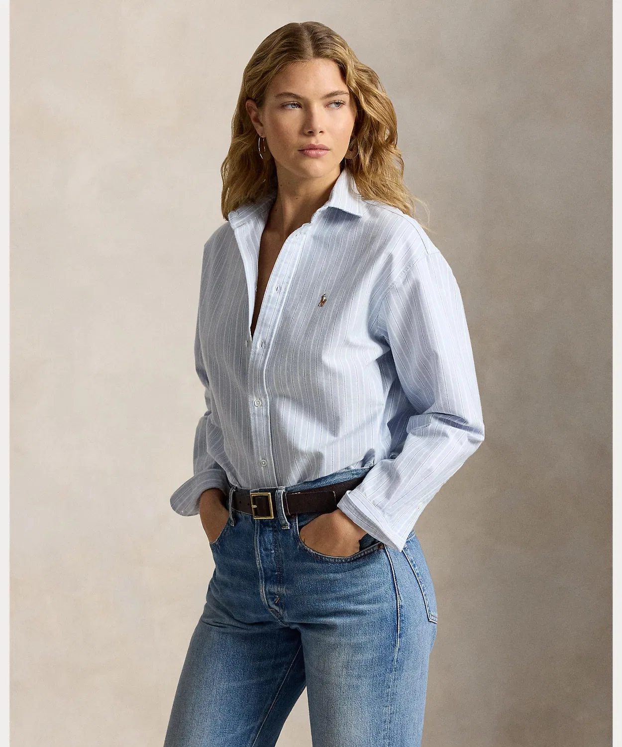 Женская рубашка свободного кроя из хлопка оксфорд, с длинным рукавом Polo Ralph Lauren, Blue
