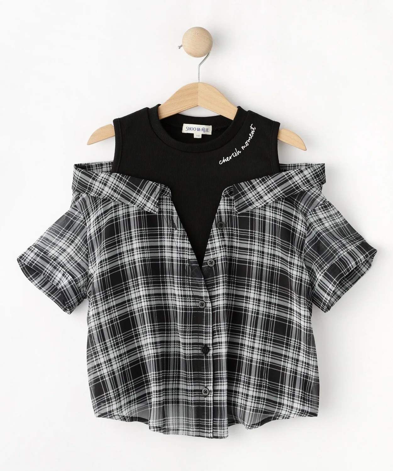 Детский топ с рубашкой в клетку и майкой, с длинным рукавом модель Check Shirt Design SHOO・LA・RUE, Black — фото 2