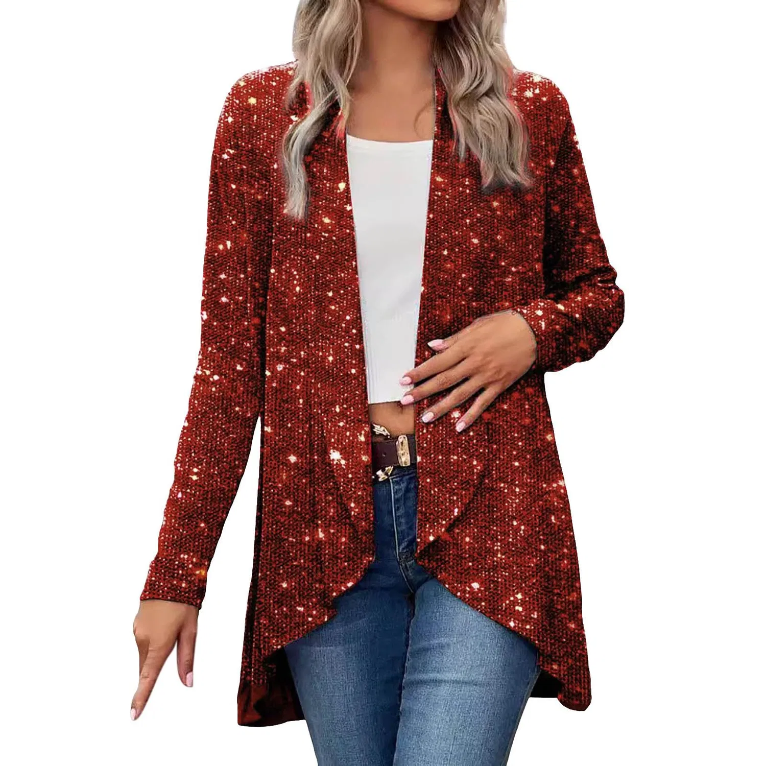 Женское пальто с пайетками Cappotto irregolare casuale di modo di colore solido di paillettes 2025, Rosso