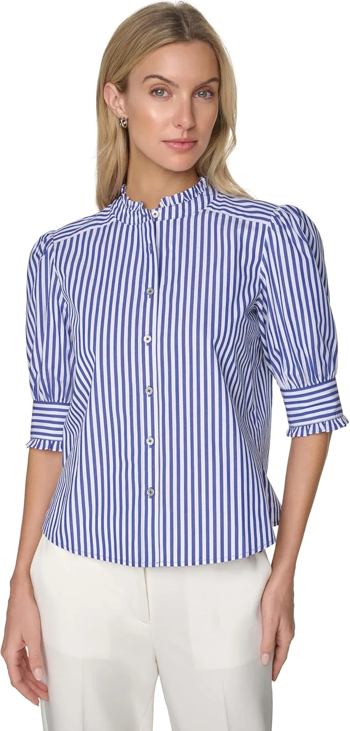 Блуза, короткий рукав, фрил-нек, Tommy Hilfiger, сине-голубой/белый