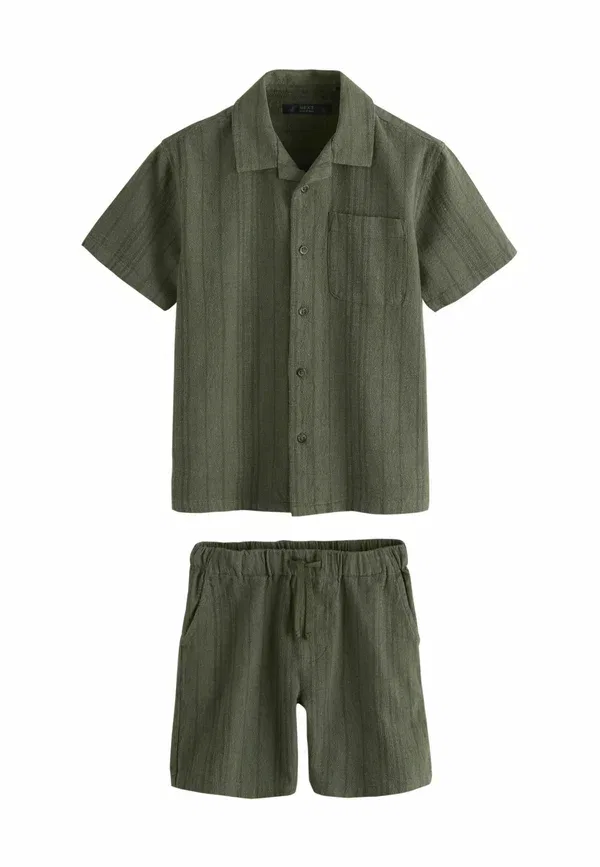 Комплект из рубашки и шорт, хлопок и лен, Regular Fit Texture Set, Next, Khaki Green, зеленый/хаки — фото 3