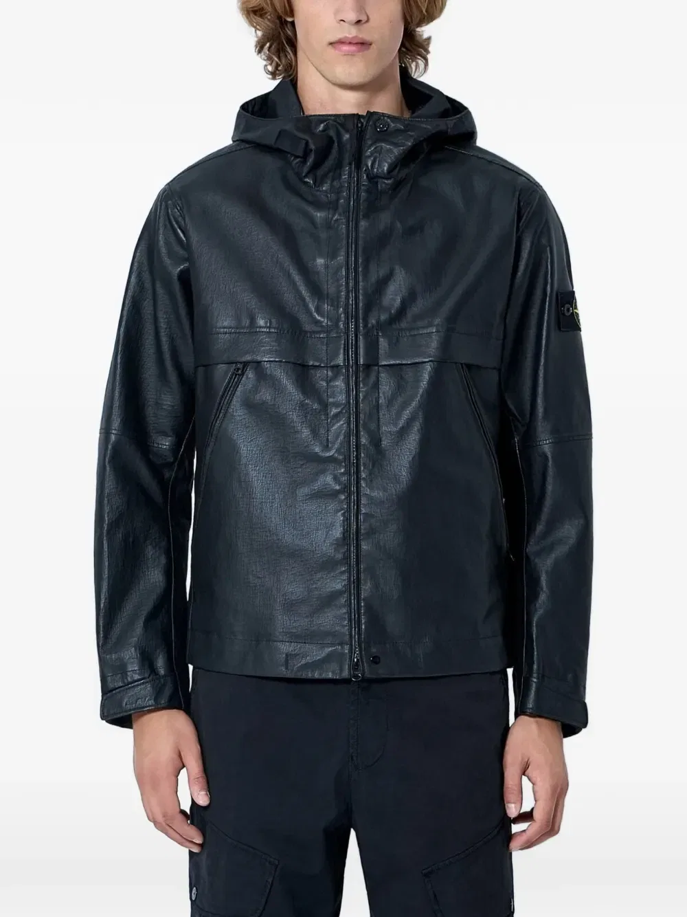 Кожаная куртка с капюшоном Stone Island, черный