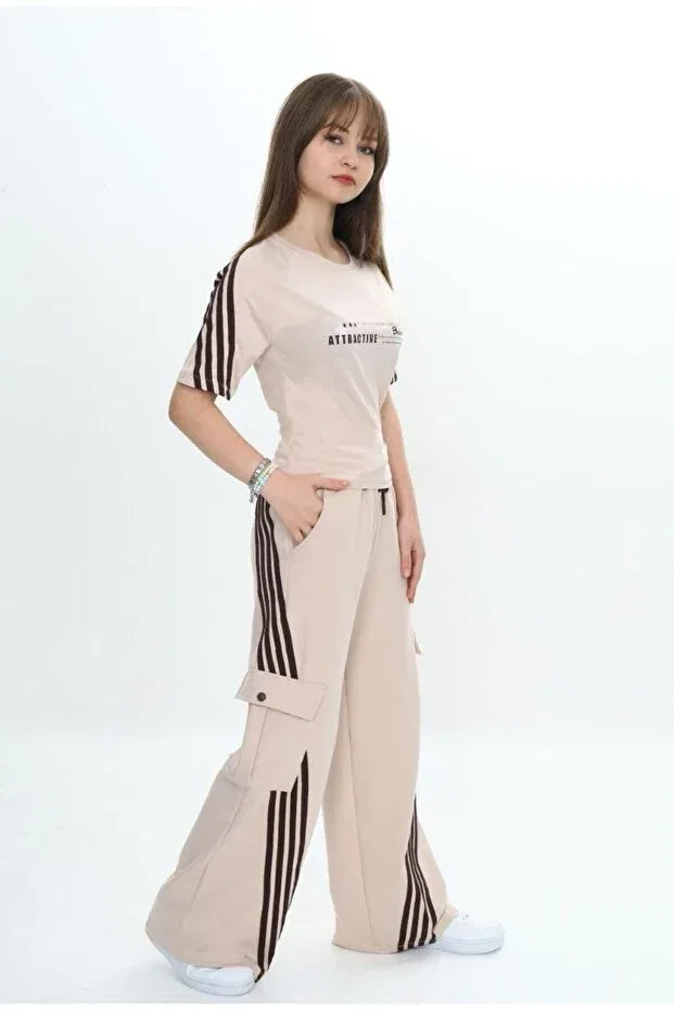 Детский комплект спортивного костюма для девочек с полосками Jannock, Beige — фото 2