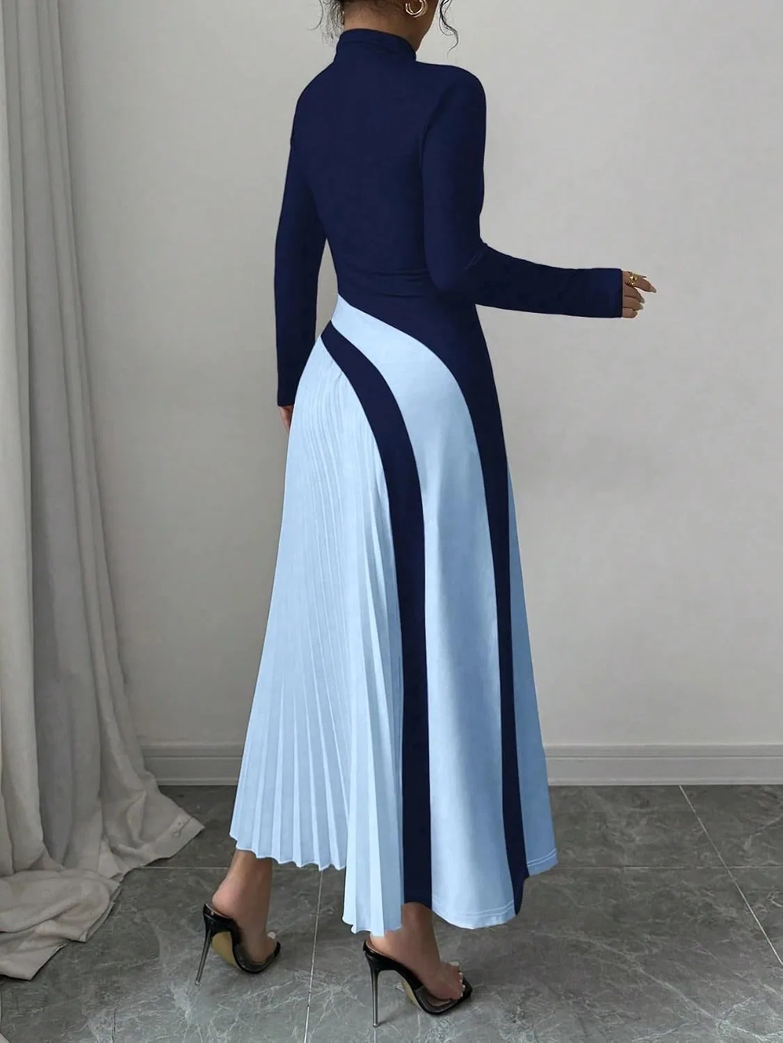 Женское элегантное платье миди A-силуэта с цветовыми блоками, Navy Blue — фото 3