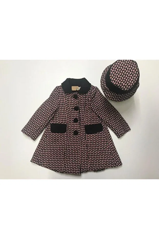 Детское пальто для девочек с принтом Winter collared lined hat buttoned pocket square patterned Baby Slon Kids Clup, Pink-Black