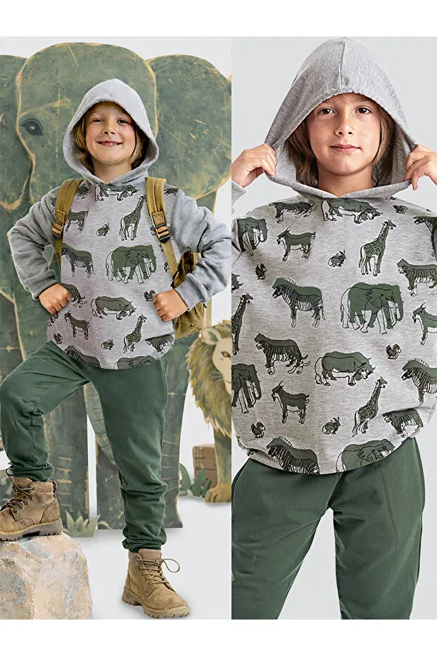 Детский комплект спортивного костюма для мальчиков с принтом Animals Boy Hooded Mshb&G, Gray