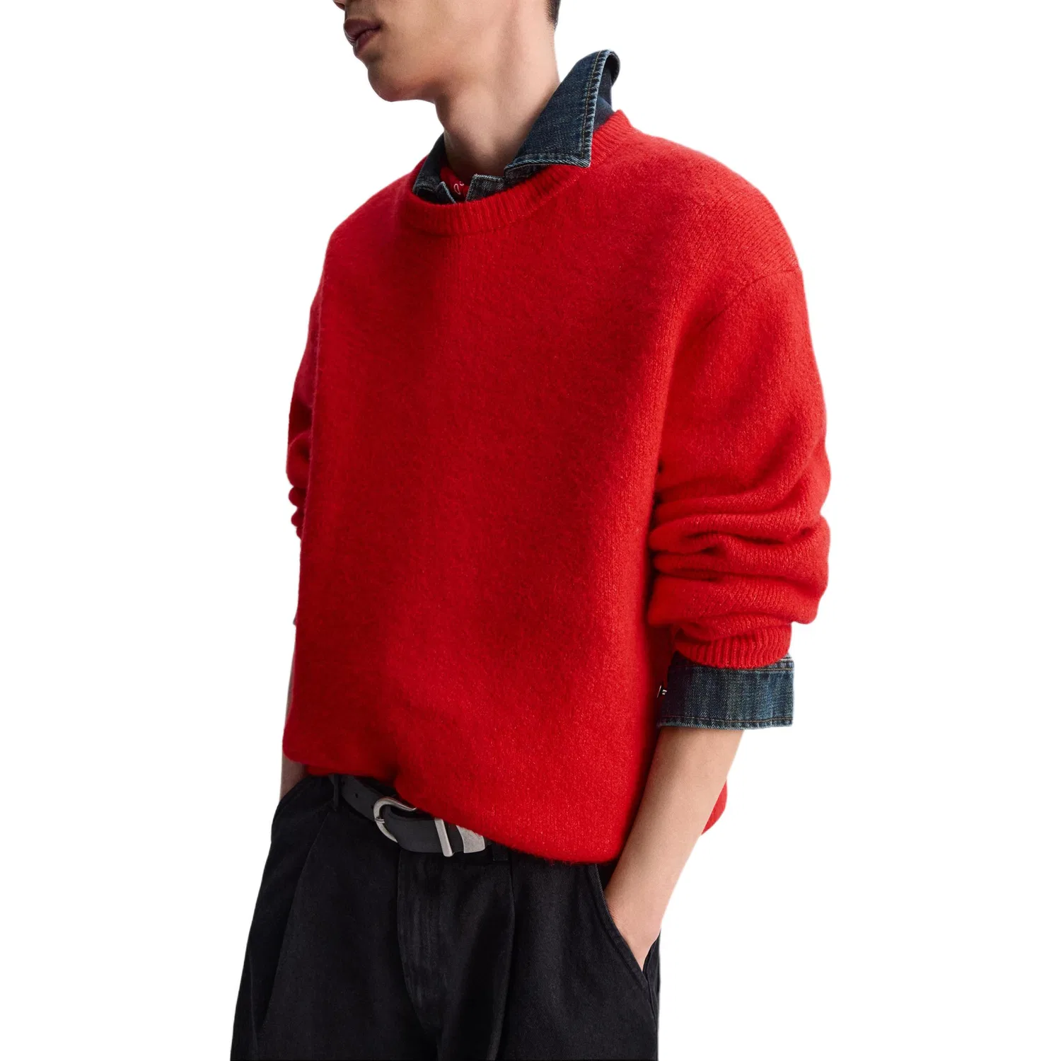 Мужской свитер с круглым вырезом Red ZARA, Красный — фото 4