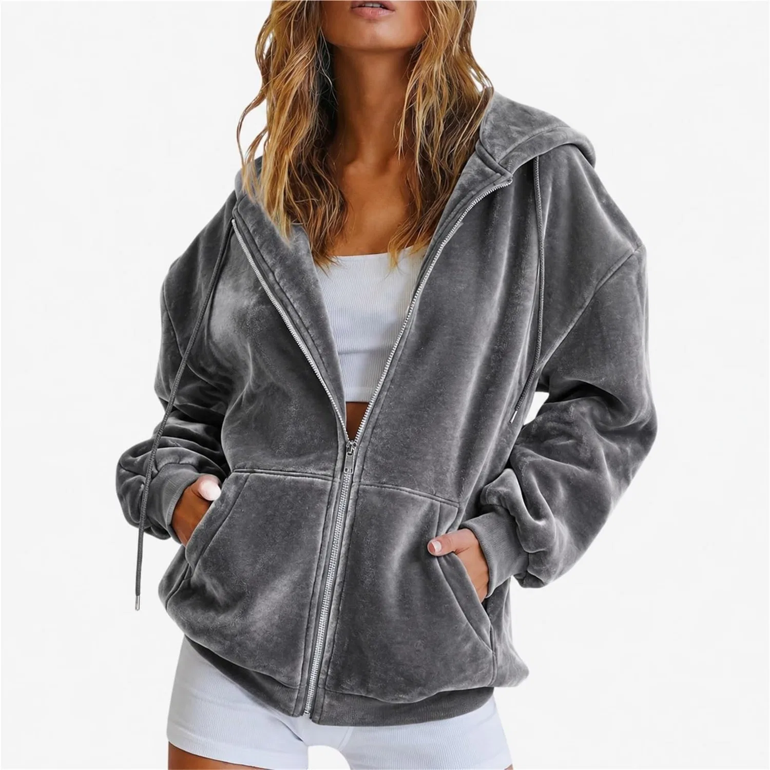 Женская куртка из флиса с капюшоном, свободного кроя, с длинным рукавом, Gray — фото 2