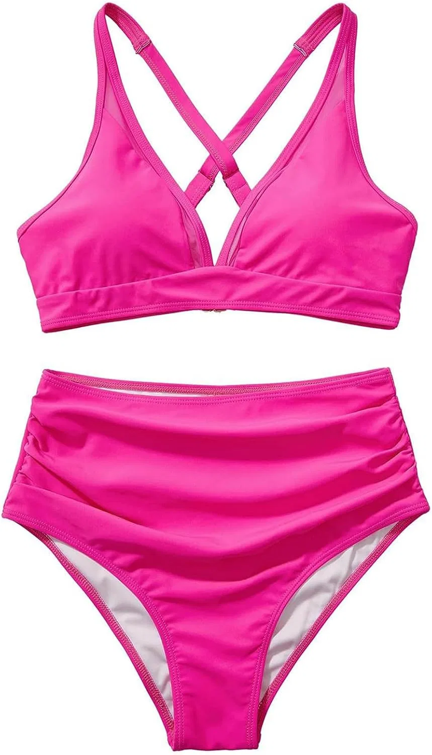 Женский бикини-сет с высокой талией и сетчатой вставкой, Hot Pink — фото 3