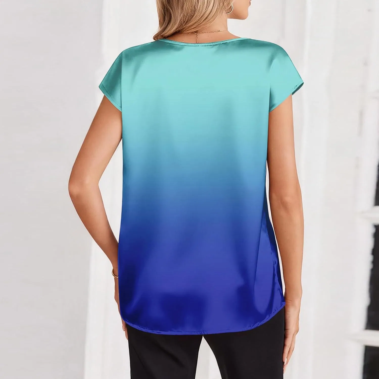 Женская шелковая блуза с V-образным вырезом, Cap Sleeve, Dark Blue — фото 3