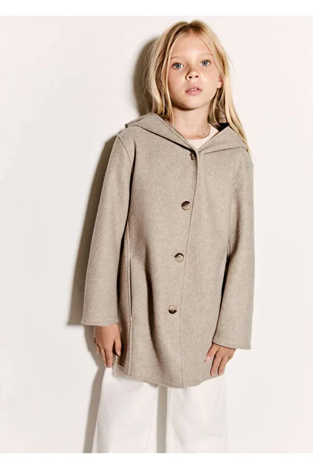 Детское пальто для девочек с капюшоном Mango Kids, Beige