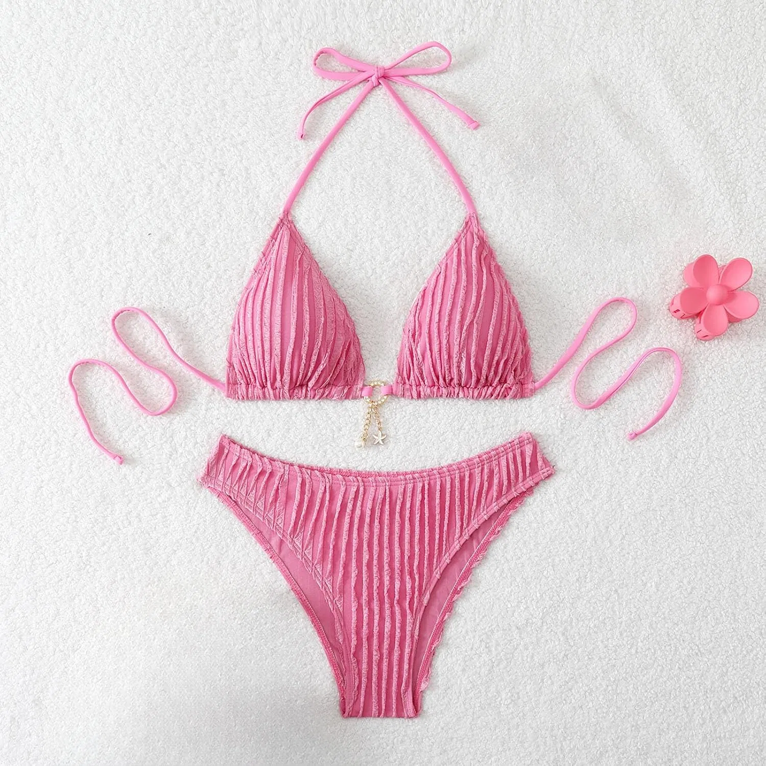Женский бикини-комплект с завязками на шее, Hot Pink — фото 2