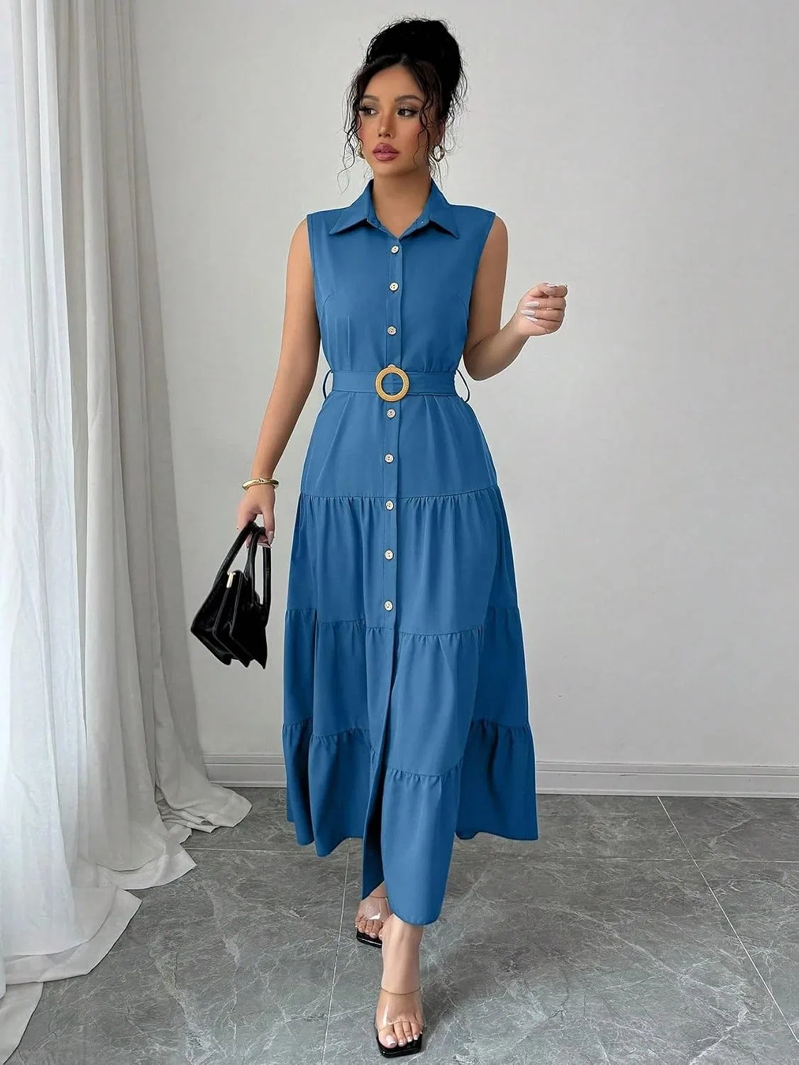 Женское летнее платье-рубашка с воланами, Sleeveless, Dusty Blue — фото 3