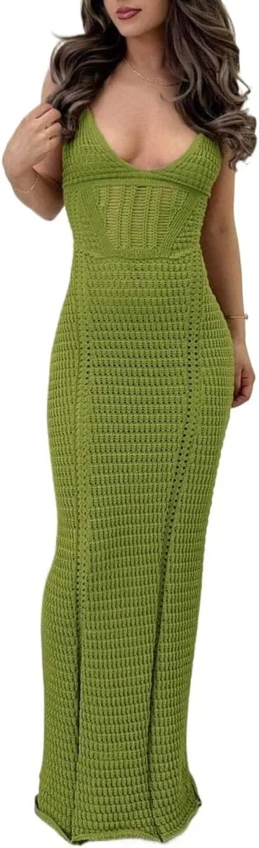 Женское облегающее вязаное платье с открытой спиной Generic, Olive Green