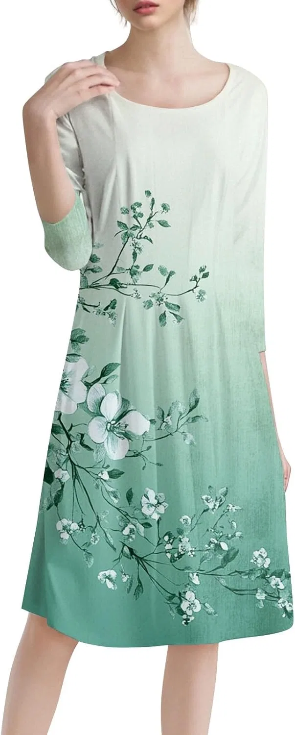 Женское платье А-силуэта с цветочным принтом, 3/4 рукав, Mint Green — фото 4