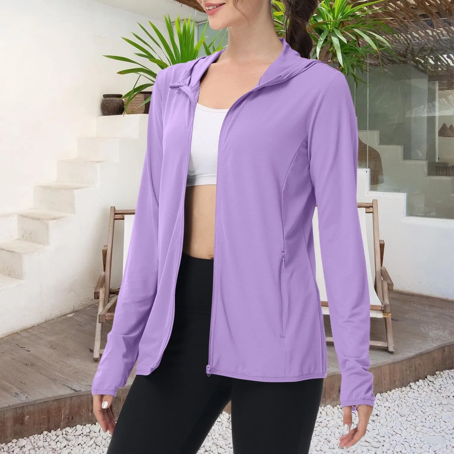 Женская куртка с капюшоном и принтом Sun, тонкая, дышащая, Slim Fit, Lilla — фото 3