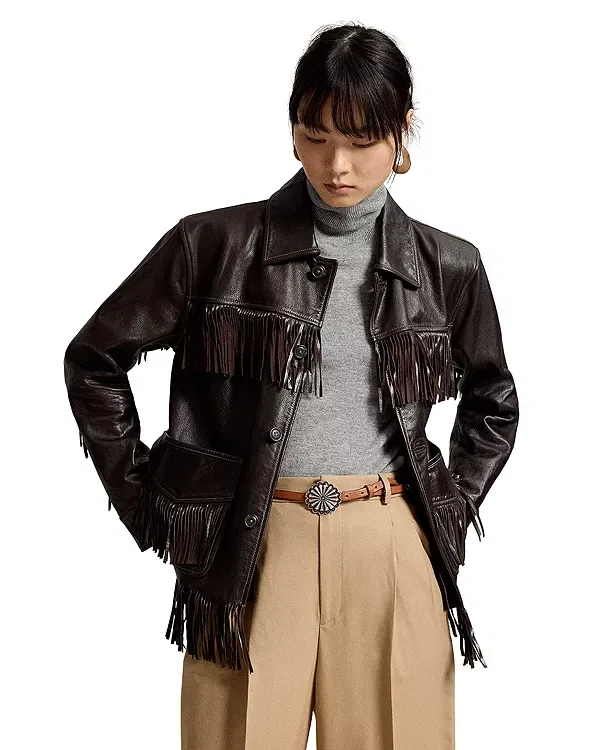Женская кожаная куртка с бахромой Ralph Lauren, коричневый