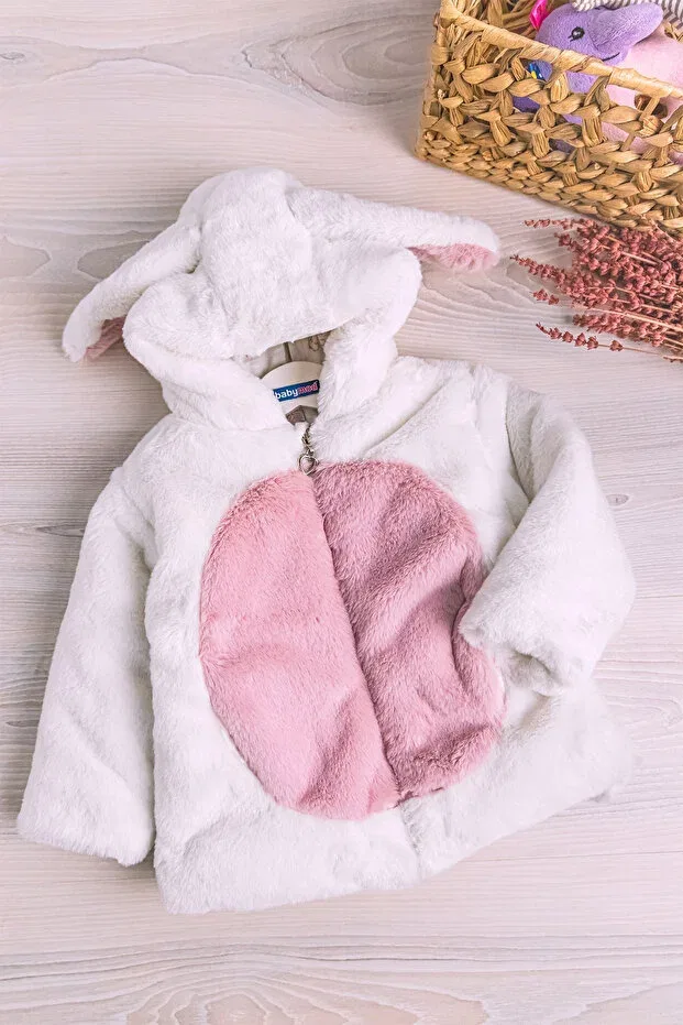 Детское пальто для девочек с принтом Welsoft plush girl's coat with rabbit ears Babymod, Cream
