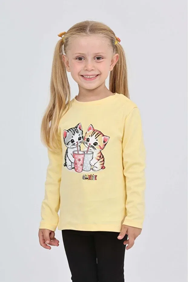 Детские свитшот для девочек с принтом Double Cat Printed Toontoy, Light Yellow — фото 4