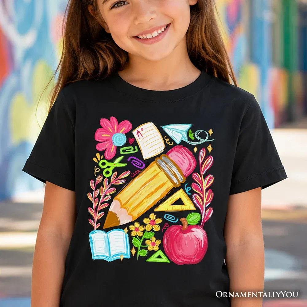 Детская футболка с принтом Colorful School Supplies Pencil Tee OrnamentallyYou, черный