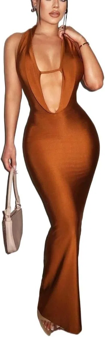 Женское облегающее платье с глубоким V-вырезом Bodycon, Brown