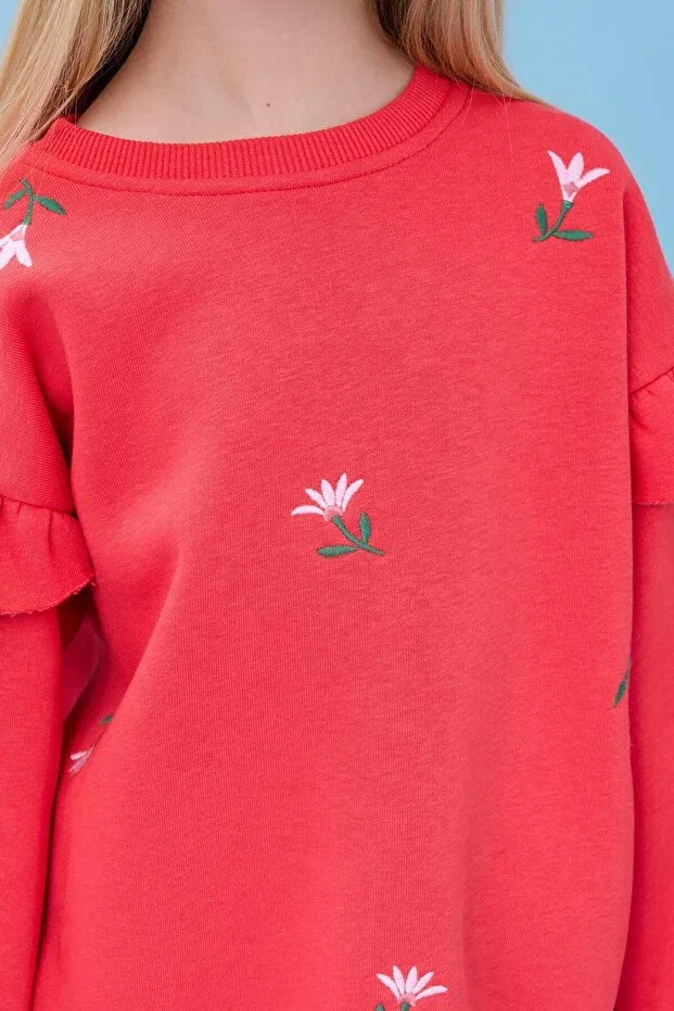 Детские свитшот для девочек с принтом Girl'S ruffle detailed floral embroidered hooded oversize sweatshirt Perendi, Pomegranate Blossom — фото 4