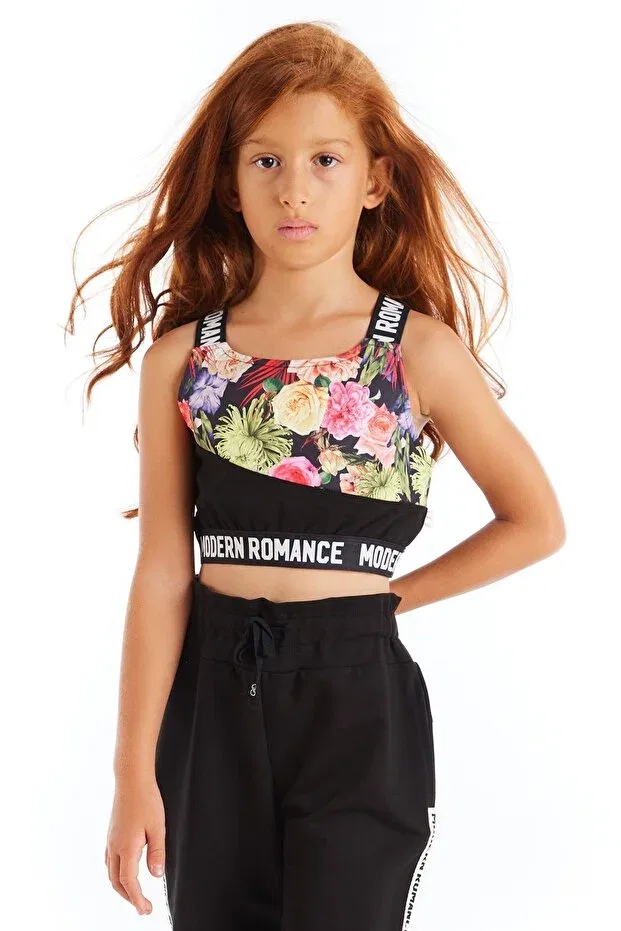 Детский топ-кроп для девочек с принтом Modern Romance Floral Patterned Colorinas, Black — фото 2